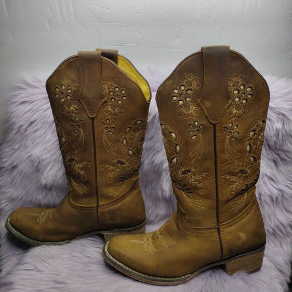Potrillo Western Wear Square Toe Brown Leather Floral Cut Out Cowgirl Boots 7.5 - Picture 1 of 9